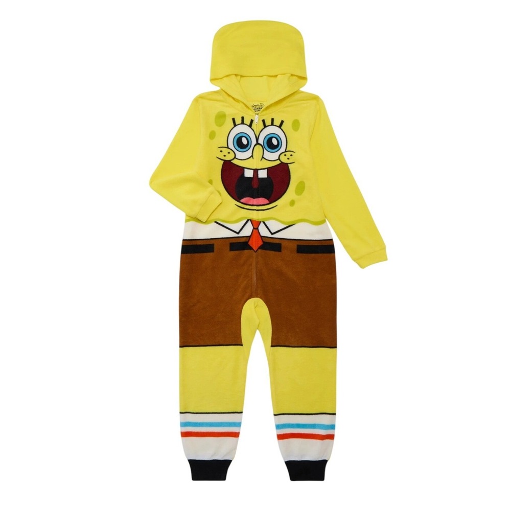 NWT Spongebob Squarepants Fleece Hooded One Piece‎ Pajama Sleepsuit XS 4/5